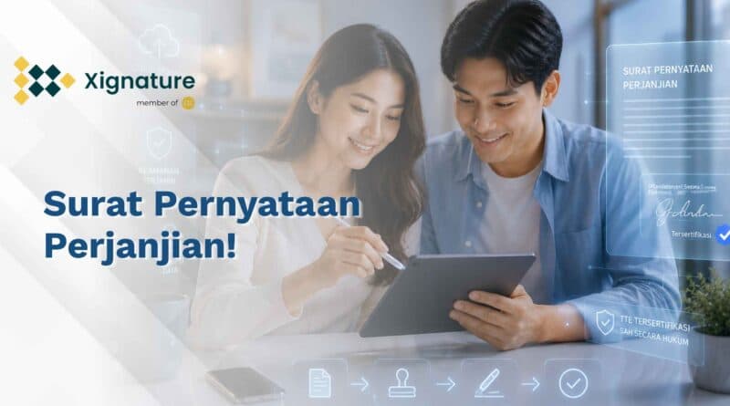 Sepasang pria dan wanita tersenyum bersama saat menandatangani draf dokumen surat pernyataan perjanjian digital menggunakan stylus pen di atas tablet.