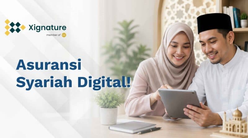Sepasang suami istri muslim tersenyum bersama sambil meninjau akad polis asuransi syariah digital pada perangkat tablet di dalam ruangan berornamen islami.