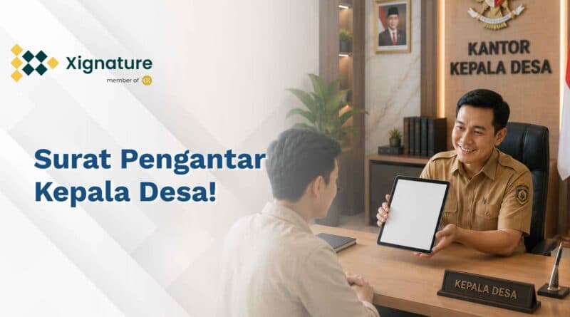 Seorang Kepala Desa berseragam dinas resmi tersenyum ramah sambil menunjukkan layar tablet digital kepada seorang warga di dalam Kantor Kepala Desa sebagai ilustrasi digitalisasi pelayanan surat pengantar.