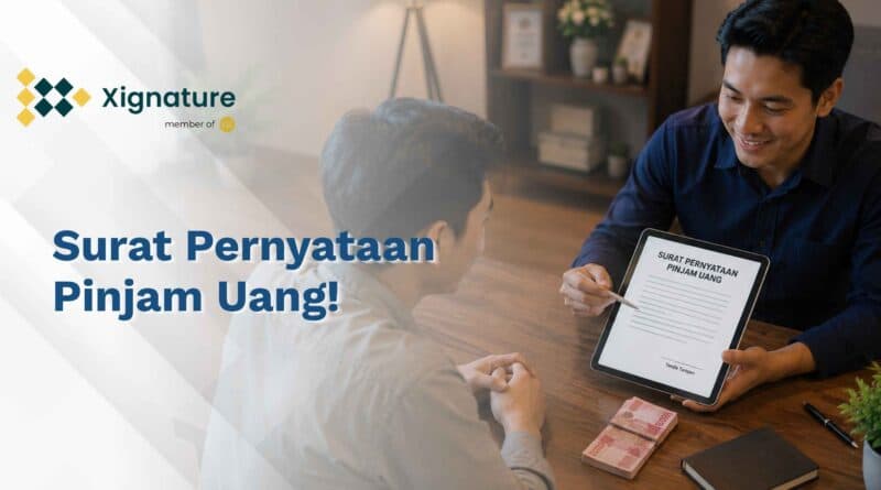 Dua orang pria sedang melakukan transaksi keuangan di mana salah satunya menunjukkan dokumen surat pernyataan pinjam uang digital di layar tablet dengan tumpukan uang tunai di atas meja.